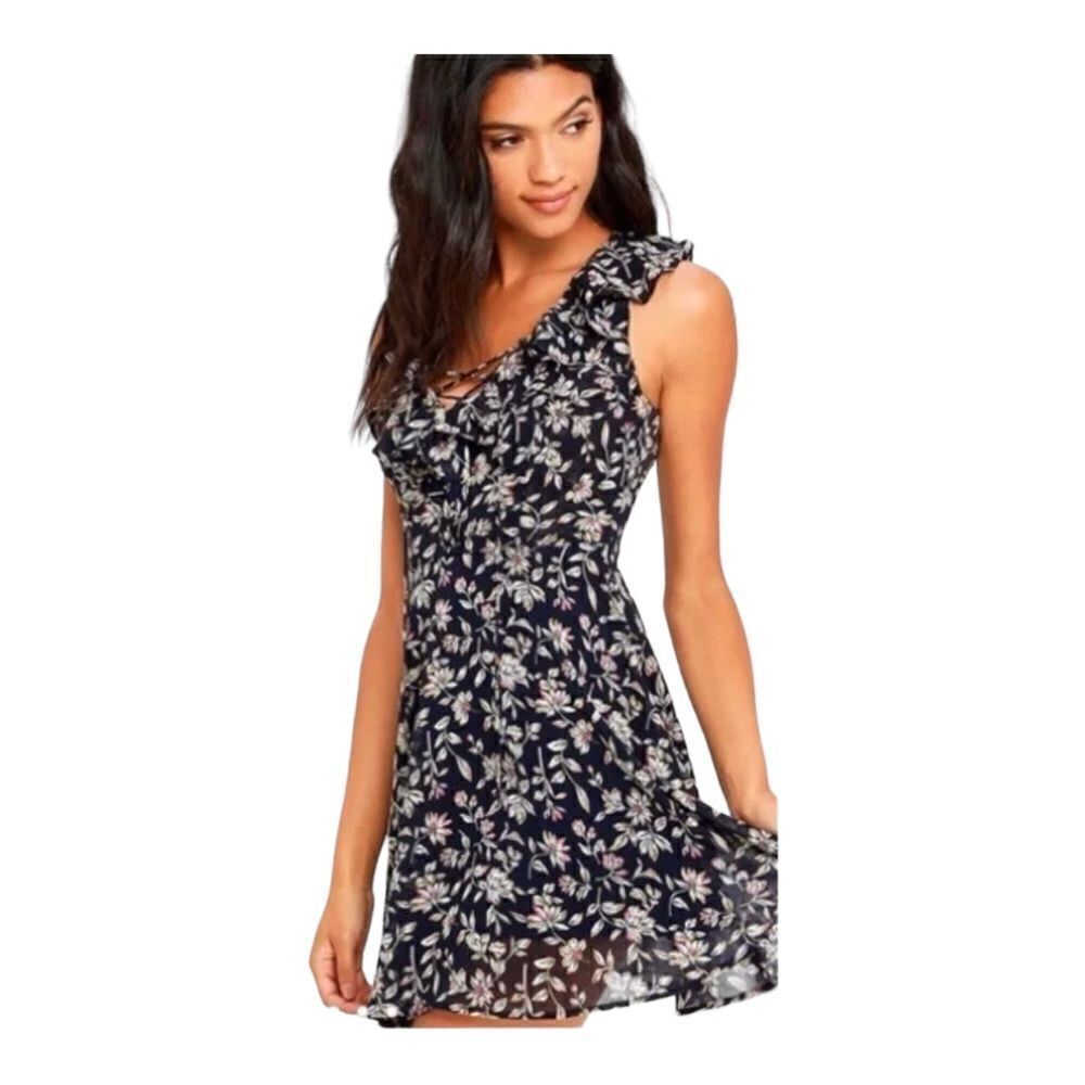 J.O.A. Lace Up Navy Floral Mini Fit & Flare Dress Size Extra Small